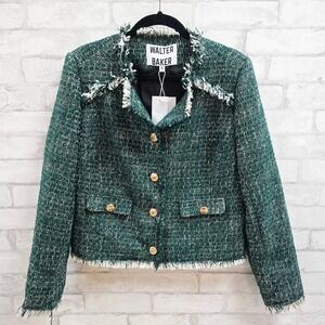 NWT Walter Baker Womens XL Green Tweed Frayed Jacket Gold Crest Buttons W30438